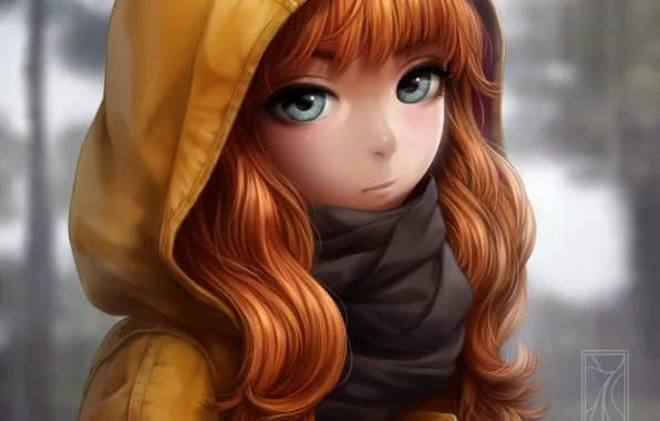 Picture girl, anime, scarf, art, hood, kotikomori