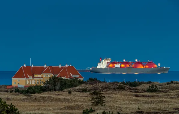 Landscape, house, ship, Denmark, Skagen, North jutland