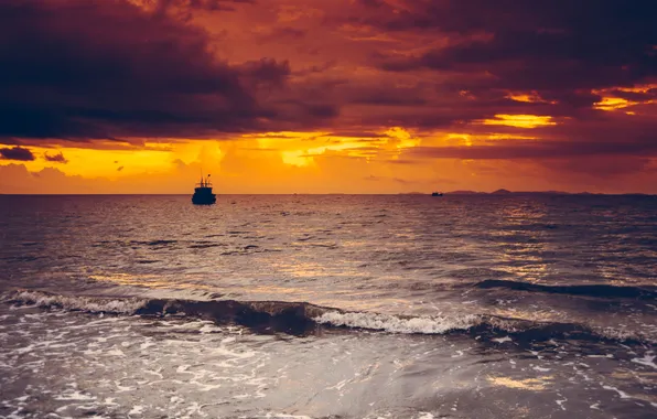 Sea, wave, clouds, sunset, island, boats, horizon, orange sky