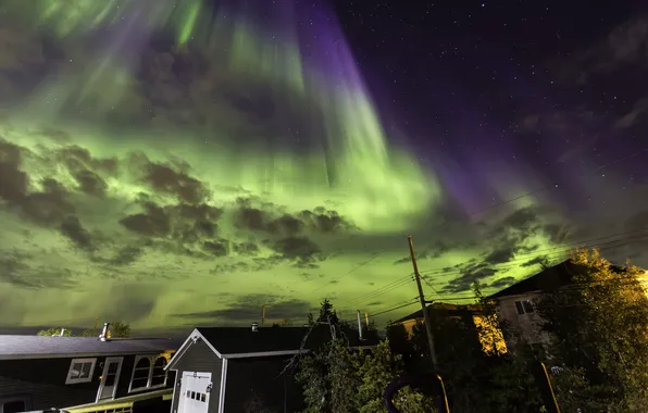 The sky, stars, home, Northern lights, town