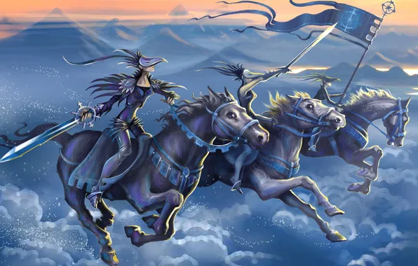 Clouds, mountains, flag, horse, swords, mask, Riders