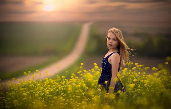 Road, field, the wind, space, girl, bokeh