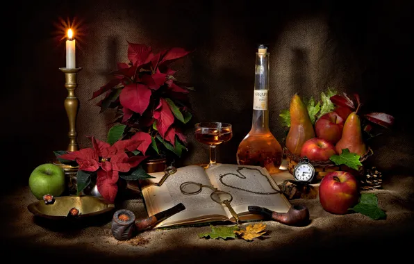 Leaves, apples, watch, glass, bottle, food, candle, tube
