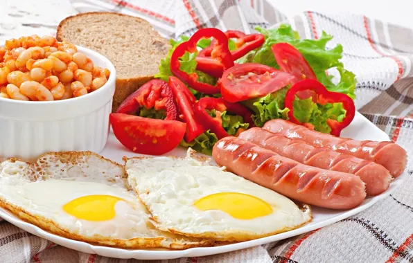 Picture sausage, pepper, scrambled eggs, salad, beans