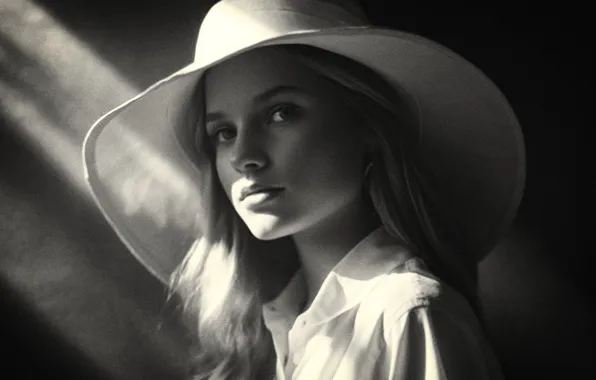 Girl, face, portrait, hat, image, black and white photo, digital art, AI art