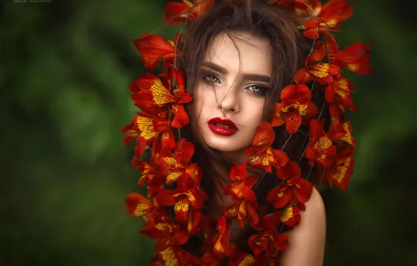 Picture look, girl, flowers, face, background, portrait, Ilona Bimova, Victoria Mayaki
