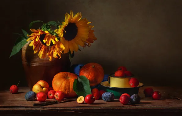 Sunflowers, flowers, apples, pumpkin, dishes, fruit, still life