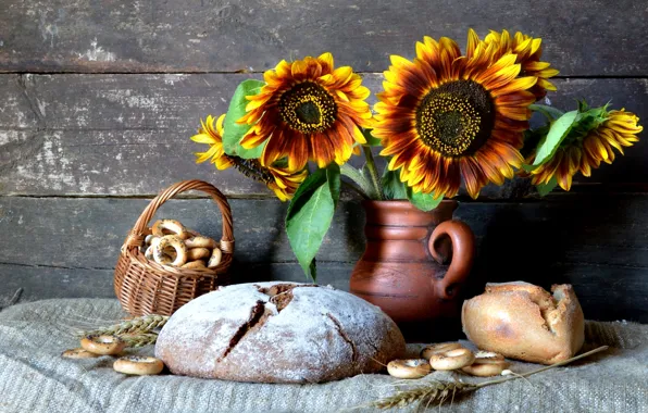 Sunflowers, spikelets, bread, pitcher, still life, drying