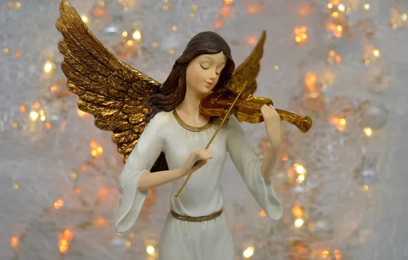 Girl, lights, holiday, violin, toy, wings, angel, Christmas