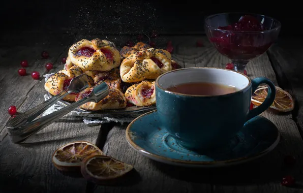 Tea, cookies, mug, Cup, cakes, jam