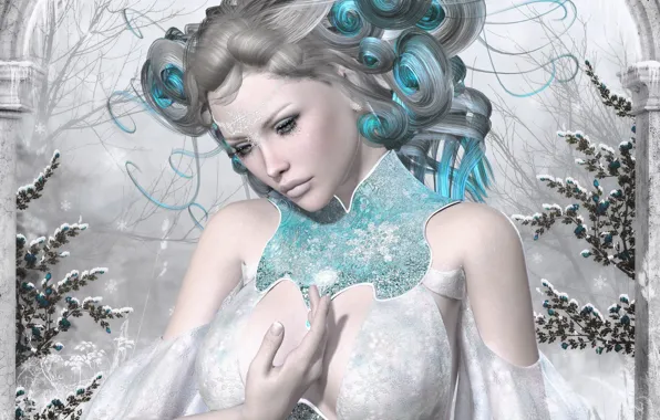 Winter, girl, snow, hand, hairstyle, render
