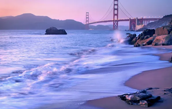 Picture landscape, bridge, Strait, stones, lilac, shore, the evening, CA, San Francisco, Golden Gate, USA, USA, …