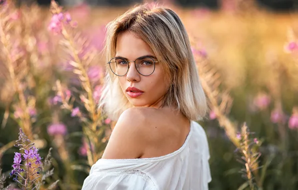 Look, the sun, flowers, model, portrait, makeup, glasses, hairstyle