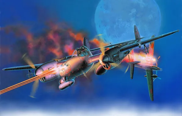 The sky, fire, flame, the moon, figure, fighter, art, bomber