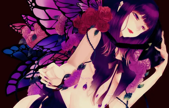 Girl, butterfly, roses, wings, art, setsuji