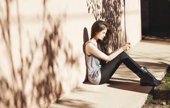 Girl, wall, brunette, sitting