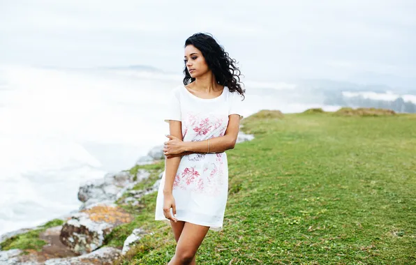 Girl, grass, sea, eyes, lips, hair, wind, bay