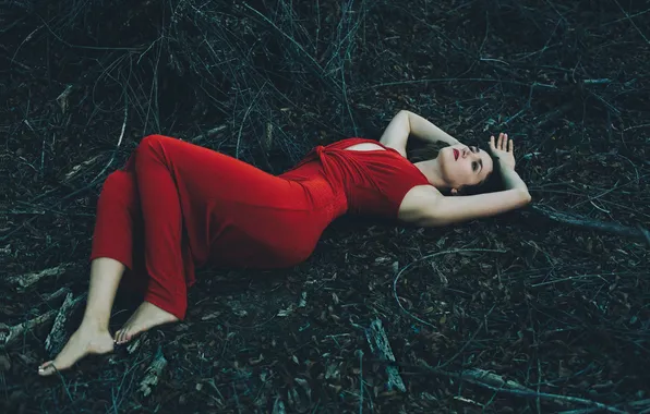 Girl, sexy, forest, lips, red dress