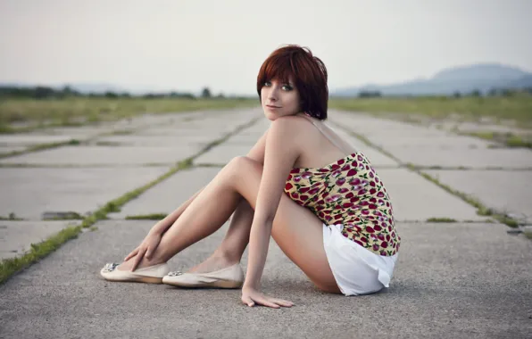 Girl, plate, legs, sitting, Veronica, in a skirt
