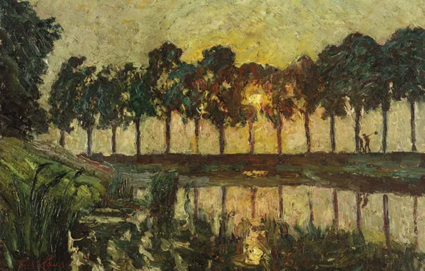 Picture landscape, sunset, picture, Emile Claus, Tree at the lake