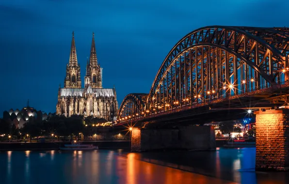 The sky, night, bridge, lights, river, the evening, Germany, pier