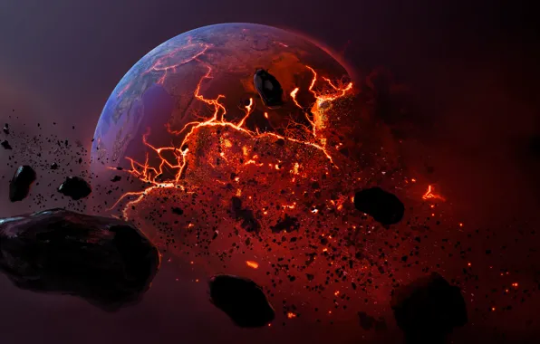 Meteorite, planet, dead planet, burning earth