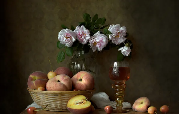 Glass, leaves, flowers, the dark background, table, wall, wine, glass