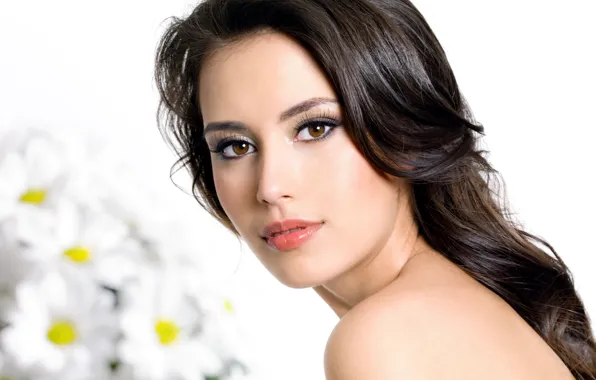 Look, flowers, close-up, face, portrait, makeup, hairstyle, white background