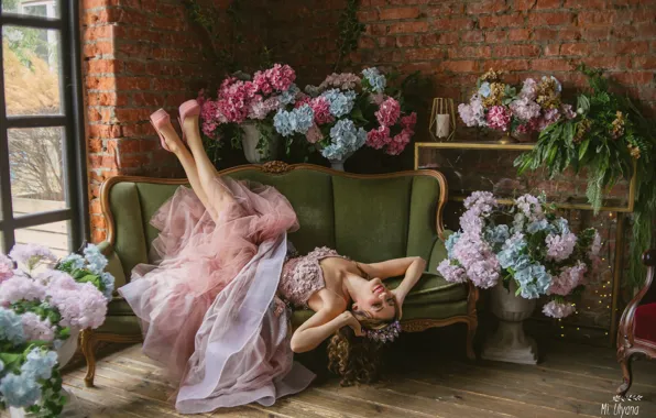 Girl, flowers, pose, style, mood, dress, hydrangea, Juliana Mizinova