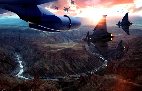 Picture the sky, sunset, the plane, war, army, aircraft, canyon, gorge