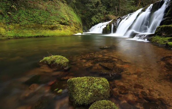 Water, river, stones, waterfall, moss, USA, USA, Oregon