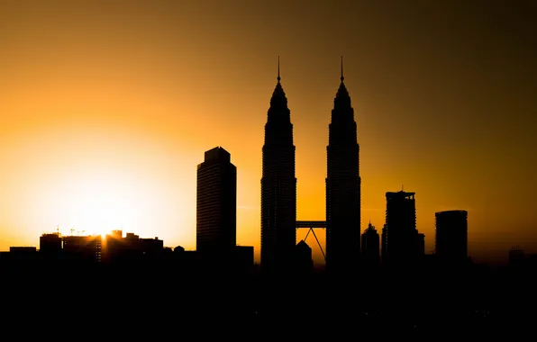 The sky, sunset, the city, tower, silhouette, Malaysia, Kuala Lumpur, Petronas Twin Towers