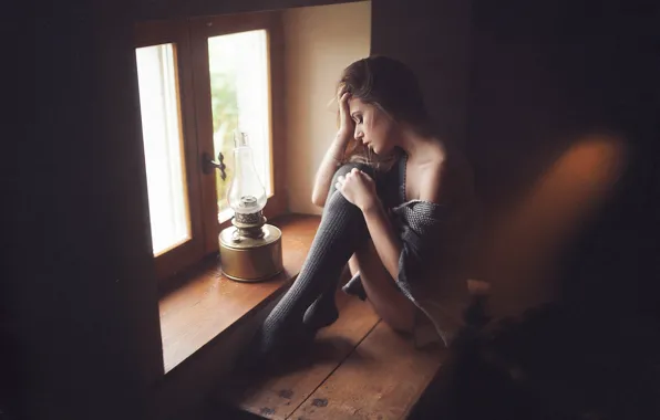Picture girl, lamp, window, sitting