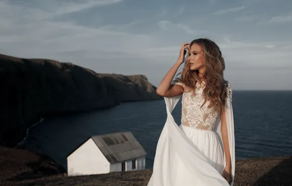 Picture sea, house, girl, rocks