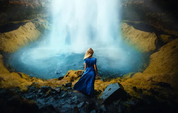 Girl, the wind, hair, back, waterfall, dress