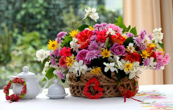 Roses, bouquet, kettle, basket, composition, Jasmine, geranium