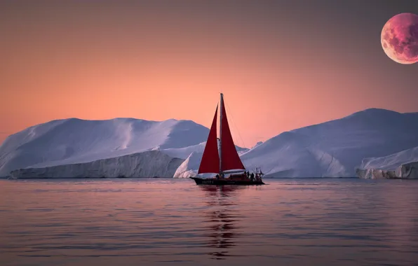 Sea, sunset, yacht, ice, icebergs, full moon, Greenland