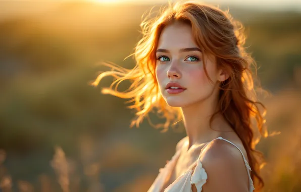 Field, look, girl, light, face, portrait, redhead, flowing hair