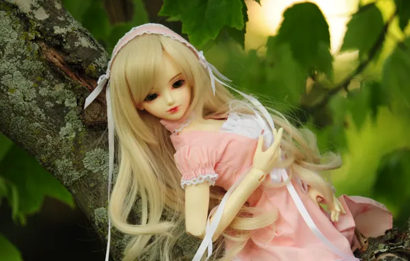 Leaves, tree, doll, blonde, ribbons, doll, BJD, pink dress
