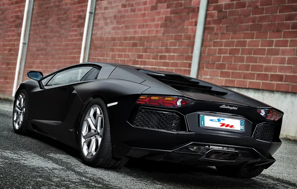 Picture lamborghini, rear view, brick wall, aventador, lp700-4, Lamborghini, aventador, matte black