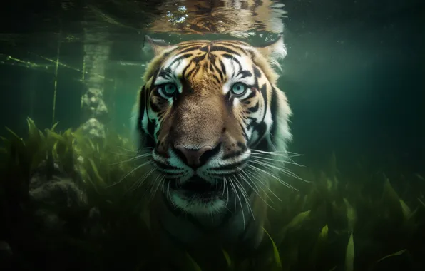 Face, tiger, portrait, digital art, AI art, neural network, the art of artificial intelligence