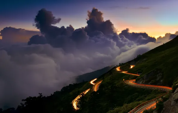 Picture road, the sky, clouds, lights, the evening, excerpt