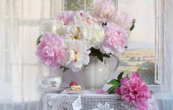 Picture bouquet, window, Cup, cake, peonies