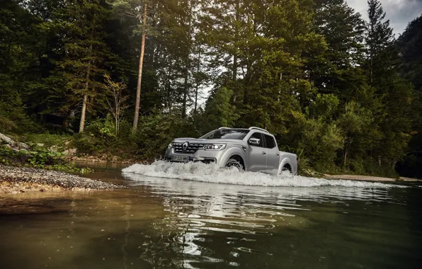 Trees, shore, wave, Renault, pickup, 4x4, 2017, Alaskan