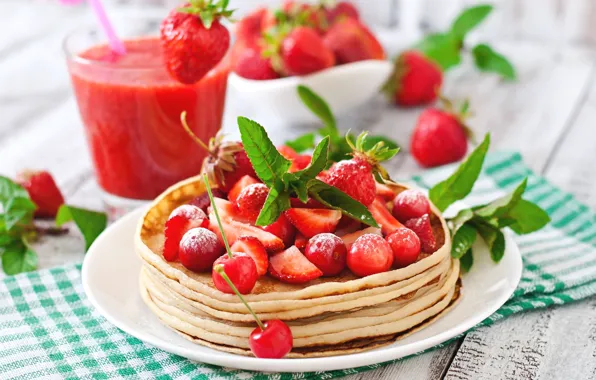 Berries, strawberry, plate, pancakes, cherry, smoothies