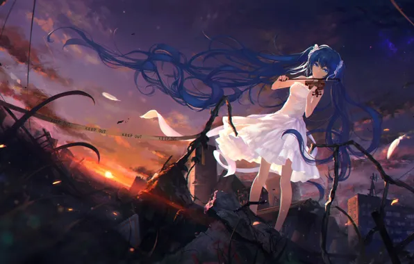 Picture the sky, girl, clouds, sunset, violin, anime, art, ruins