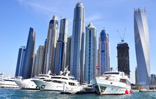Yachts, skyscrapers, port, Dubai, Dubai, harbor, Skyscrapers
