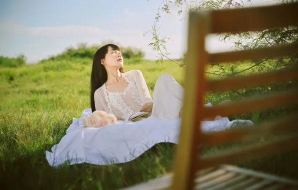 Grass, Beautiful, Asian, Model, Flower, Roses, Woman, Pretty