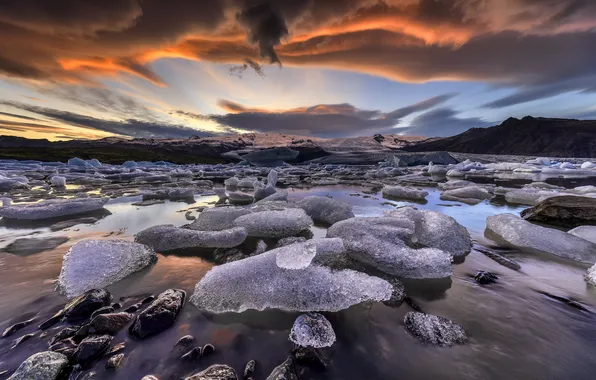 Sunset, shore, ice