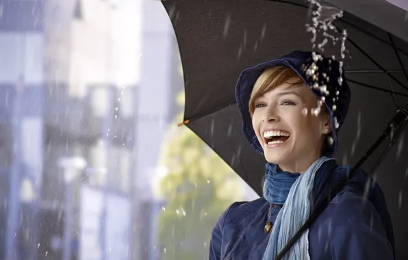 Girl, drops, joy, squirt, smile, rain, mood, hat